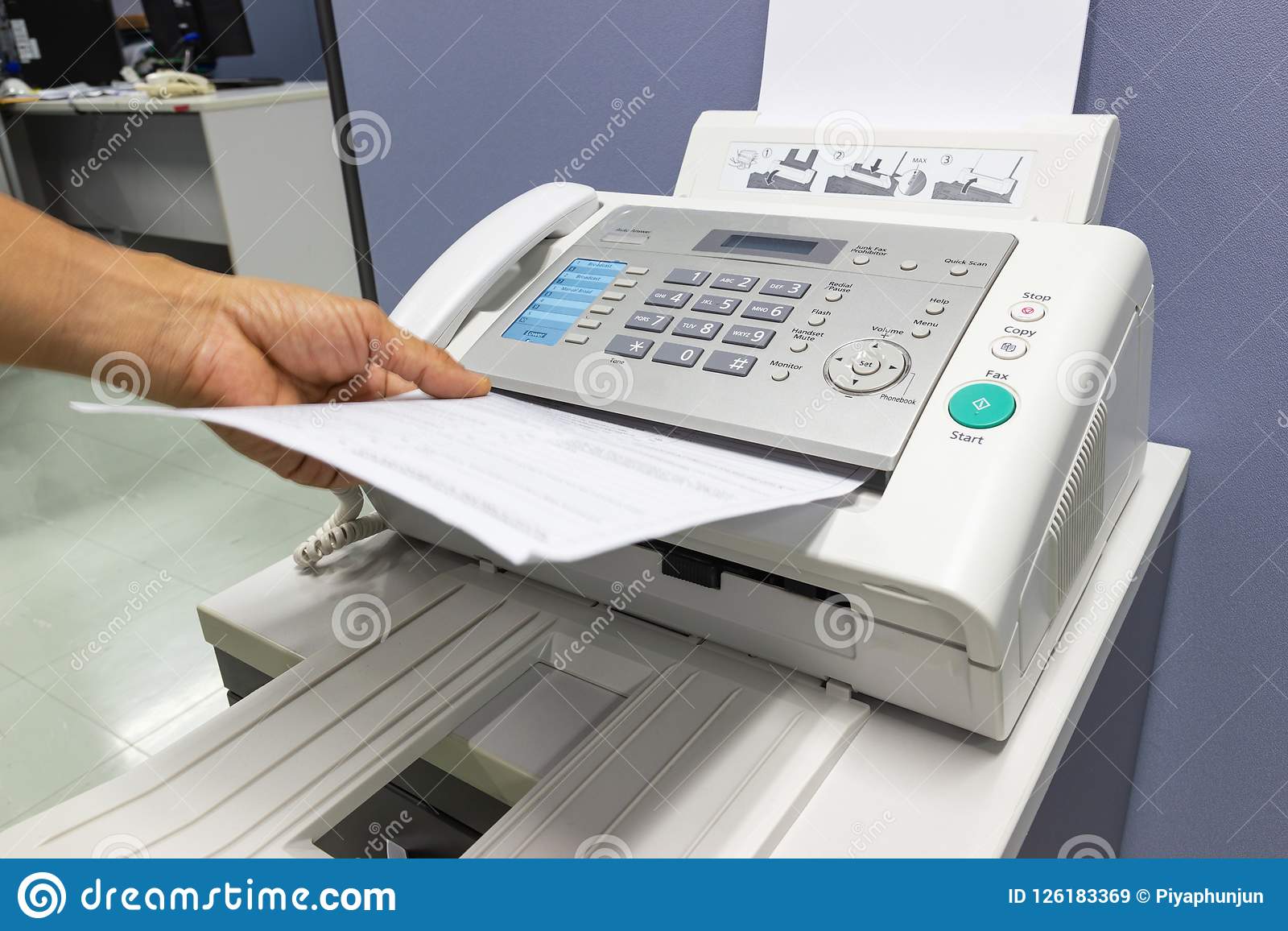 hand man using fax machine office hand man using fax machine office business concept 126183369